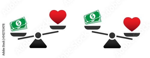 Heart and money on the scales. Choice concept: love or money. Flat vector illustration.