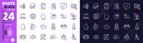 Face detect, Fitness water and Electronic thermometer line icons for website, printing. Collection of Medical mask, Medical calendar, Vaccine message icons. Alcohol free, Gluten free. Vector