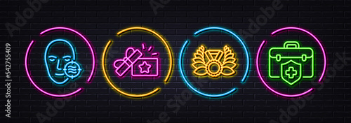 Problem skin, Loyalty gift and Laureate medal minimal line icons. Neon laser 3d lights. Medical insurance icons. For web, application, printing. Facial care, Bonus award, Laurel wreath. Vector