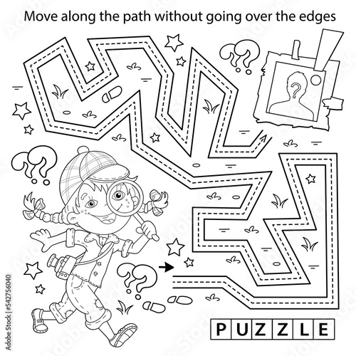 Handwriting practice sheet. Simple educational game or maze. Coloring Page Outline Of cartoon girl detective with loupe. Young Sherlock Holmes. Coloring book for kids.
