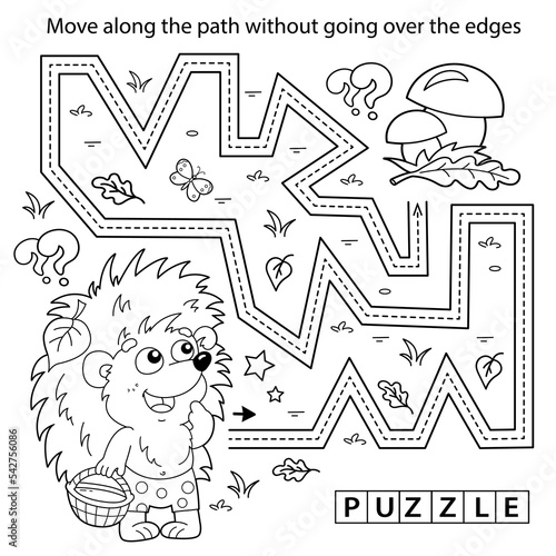 Handwriting practice sheet. Simple educational game or maze. Coloring Page Outline Of cartoon little hedgehog with basket of mushrooms. Coloring book for kids.