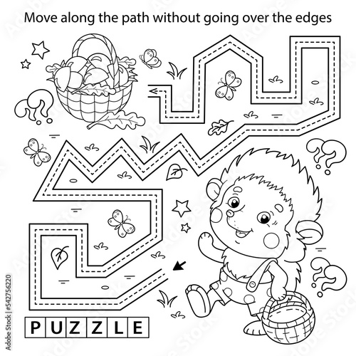 Handwriting practice sheet. Simple educational game or maze. Coloring Page Outline Of cartoon little hedgehog with basket of mushrooms. Coloring book for kids.