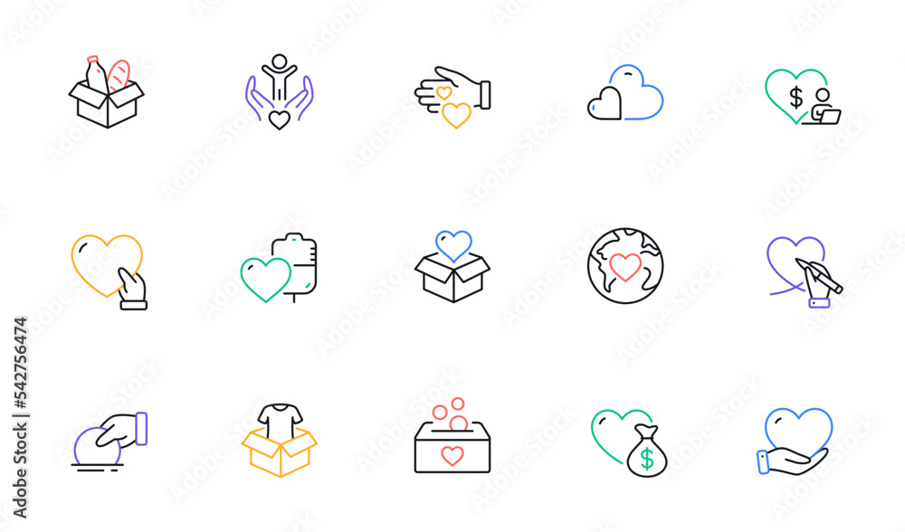Donate and Charity line icons. Volunteer help, Global hunger, Food box. Helping hand, Heart donate and Care service line icons. Donation or Blood collection, Money charity and Food care. Vector