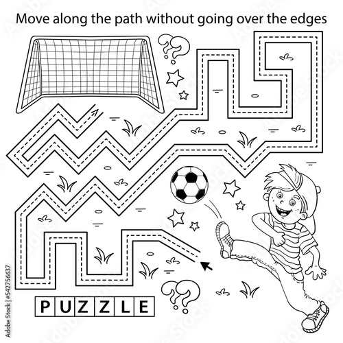 Handwriting practice sheet. Simple educational game or maze. Coloring Page Outline Of cartoon boy with soccer ball. Football. Sport activity. Coloring book for kids.