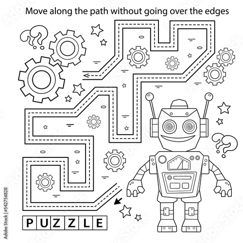 Handwriting practice sheet. Simple educational game or maze. Coloring Page Outline Of cartoon robot with gears. Coloring book for kids.