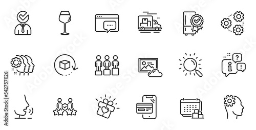Outline set of Certified refrigerator, Vacancy and Security agency line icons for web application. Talk, information, delivery truck outline icon. Vector