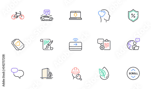 Bicycle, Love ticket and Contactless payment line icons for website, printing. Collection of Outsource work, Friend, Chat message icons. Buildings, Inspect, Loan percent web elements. Vector