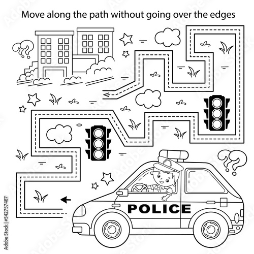 Handwriting practice sheet. Simple educational game or maze. Coloring Page Outline Of cartoon policeman with car. Profession - police. Coloring book for kids.