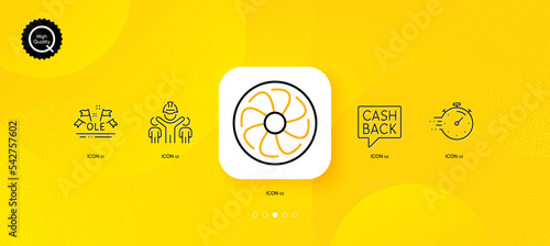 Timer, Engineering team and Money transfer minimal line icons. Yellow abstract background. Fan engine, Ole chant icons. For web, application, printing. Vector