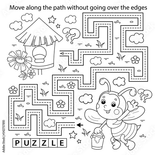 Handwriting practice sheet. Simple educational game or maze. Coloring Page Outline Of cartoon bee with bucket of honey. Coloring book for kids.R671