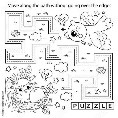 Handwriting practice sheet. Simple educational game or maze. Coloring Page Outline Of cartoon bird with little chick and egg in nest. Coloring book for kids.