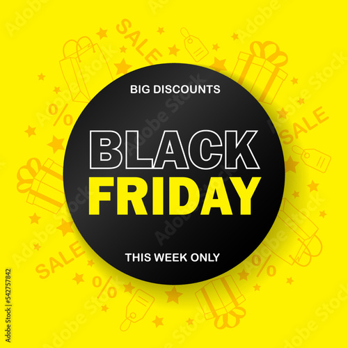 Black friday big discounts yellow and abstract sale banner. Vector illustration.