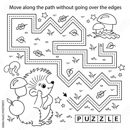 Handwriting practice sheet. Simple educational game or maze. Coloring Page Outline Of cartoon little hedgehog with mushrooms. Coloring book for kids.