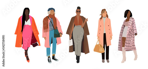 Set of different woman in trendy clothes realistic illustration. Collection of modern street fashion outwear. Fashionable girl in winter and autumn clothing. Transparent background, png.