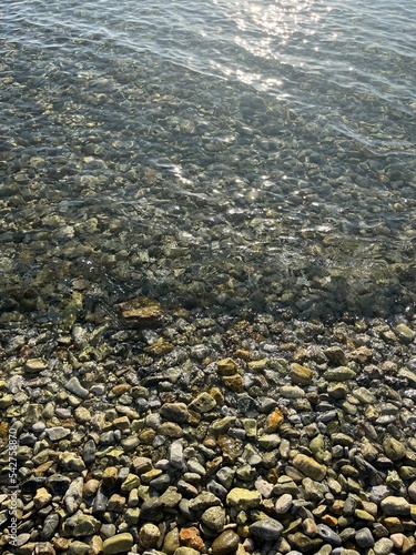 sea pebbles, transparent sea water with rocky bottom