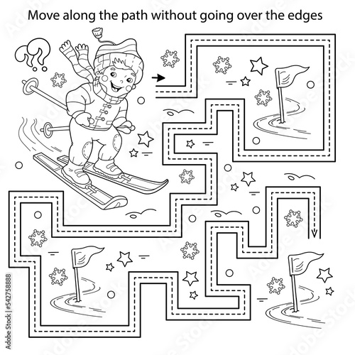 Handwriting practice sheet. Simple educational game or maze. Coloring Page Outline Of cartoon boy skiing. Winter sports. Coloring book for kids.