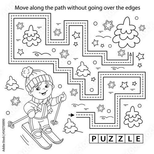 Handwriting practice sheet. Simple educational game or maze. Coloring Page Outline Of cartoon boy skiing. Winter sports. Coloring book for kids.