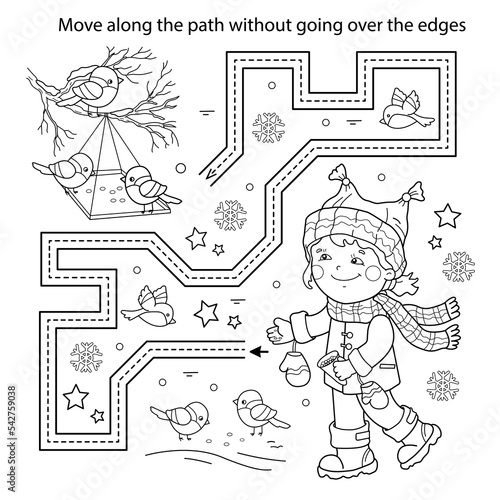 Handwriting practice sheet. Simple educational game or maze. Coloring Page Outline Of cartoon girl with a feeder for birds in the winter. Coloring book for kids.