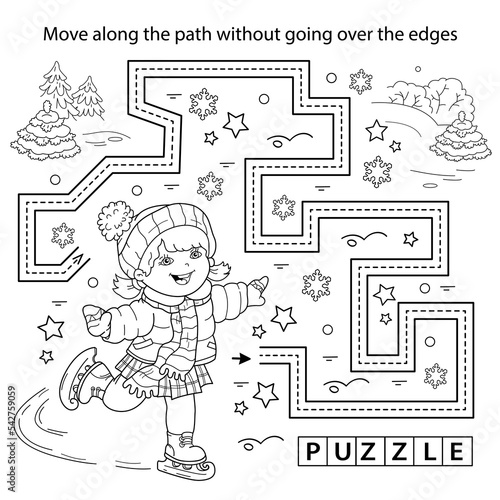 Handwriting practice sheet. Simple educational game or maze. Coloring Page Outline Of cartoon girl skating. Winter sports. Coloring book for kids.