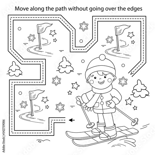 Handwriting practice sheet. Simple educational game or maze. Coloring Page Outline Of cartoon boy skiing. Winter sports. Coloring book for kids.