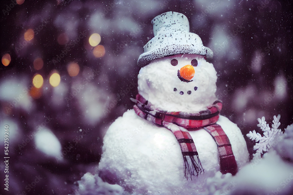 A landscape shot of a snow man with a scarf and a hat on a snowy day A landscape shot of a snow man with a scarf and a hat on a snowy day
