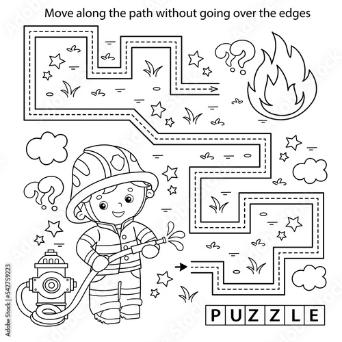 Handwriting practice sheet. Simple educational game or maze. Coloring Page Outline Of cartoon fireman or firefighter with hydrant. Fire fighting. Coloring book for kids.
