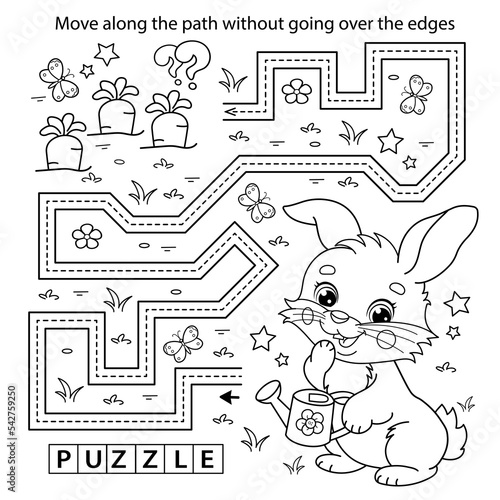 Handwriting practice sheet. Simple educational game or maze. Coloring Page Outline Of cartoon cute bunny or rabbit with a watering can and with carrot and cabbage. Coloring book for kids.