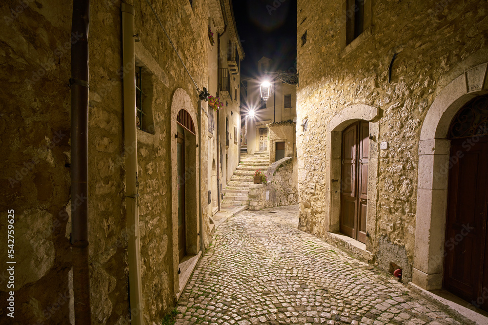 Night scene of the town of Barrea,  Abruzzo, Lazio e Molise national park, Italy
