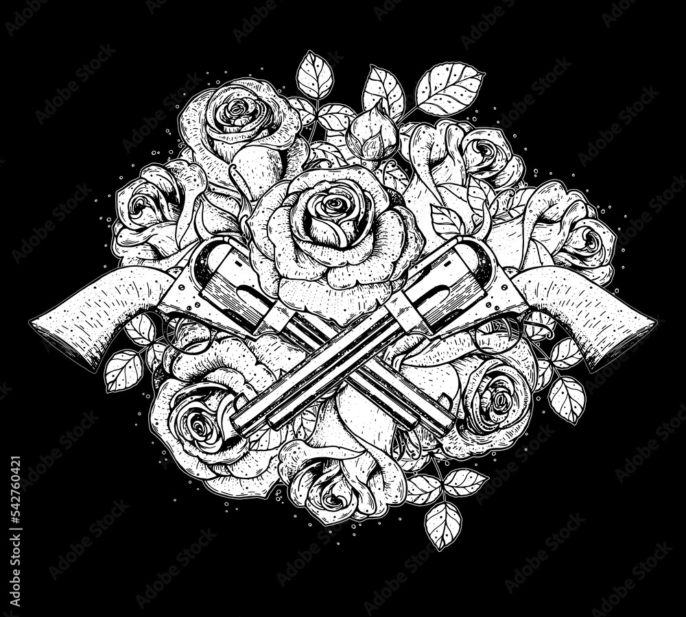Gun Engravings Roses Guns and roses hand drawn illustration. Tattoo vintage print. Pistols ...