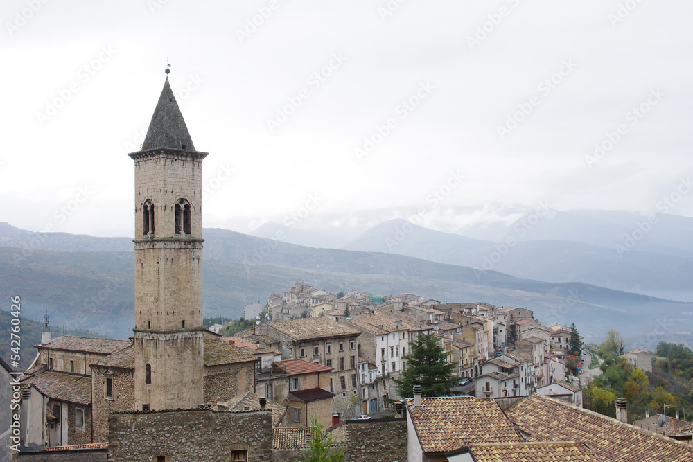 Pacentro - Abruzzo - Italy - The houses and the high bell tower of the mother church that dominates the Peligna Valley
