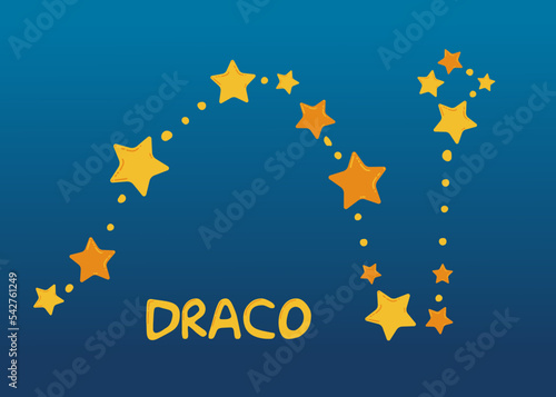 Illustration with the constellation Draco. Poster with stars for the children's room. Vector template for any design. Yellow star in flat style.