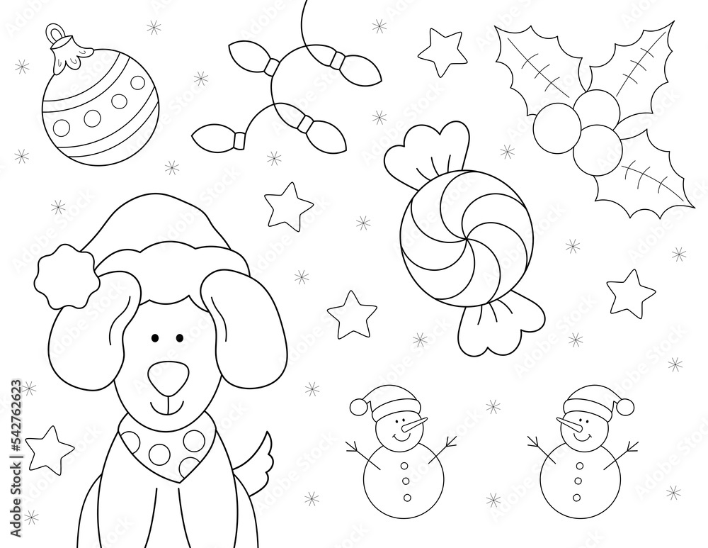 cute christmas dog, snowman and more holiday shapes. coloring page for kids that you can print on an 8.5x11 inch page cute christmas dog, snowman and more holiday shapes. coloring page for kids that you can print on an 8.5x11 inch page