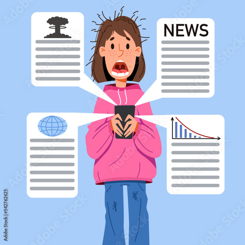 The girl reads the news on the phone. A woman is shocked by what is happening in the world. Vector illustration in flat cartoon style.