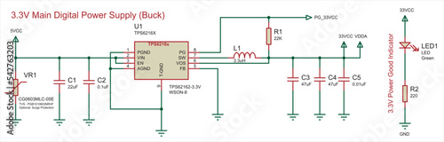 Main digital power supply (buck). Schematic diagram of electronic device.  Vector drawing electrical circuit with inductor, led indicator, varistor, capacitor, resistor, ground and power symbols photo