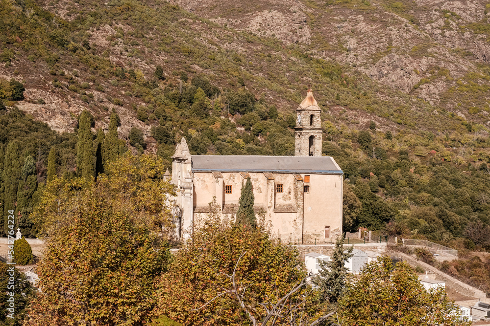 Church in the mountain village of Canavaggia in central Corsica