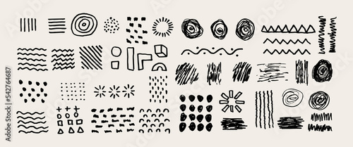 Vector illustration. Abstract graphic elements in minimal trendy style. Vector set of hand drawn texture. Design elements for posters, layout, cover, invitations, cards, social media posts and stories