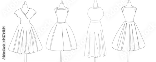 dresses on mannequins one continuous line drawing, isolated, vector
