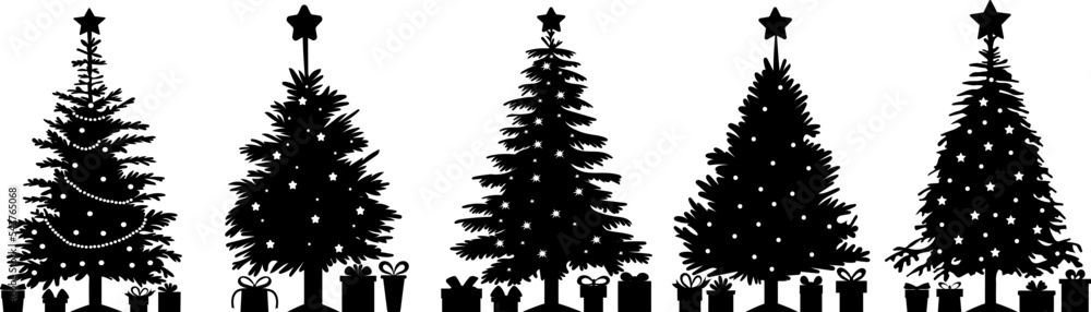 set of new year, christmas trees with gifts silhouette design isolated vector - obrazy, fototapety, plakaty 
