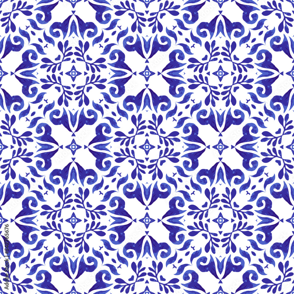 blue and white hand drawn watercolor seamless ornamental watercolor paint pattern. Indigo ceramic tiles