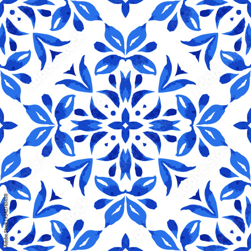 blue and white hand drawn watercolor seamless ornamental watercolor paint pattern. Indigo ceramic tiles
