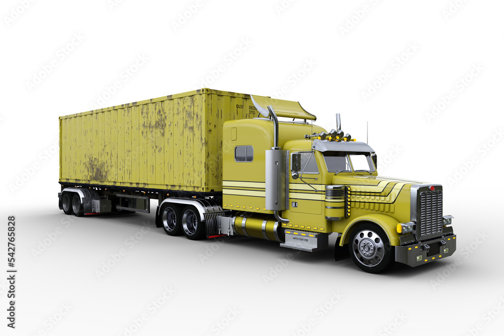 3D rendering of a generic yellow semi-trailer container truck isolated on transparent background.