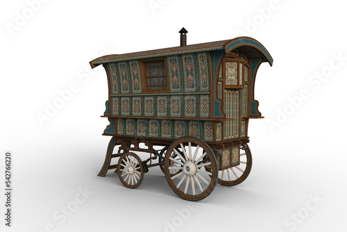Rear coner view 3D rendering of a turquoise and green Romany gypsy caravan isolated on transparent background. photo