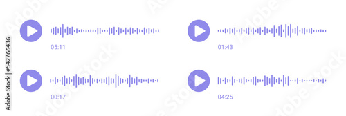 Audiomessage with sound waves and play button. Voice social media recording chart. Podcast soundwave line. Volume equalizer with spectrum noise, button. Shape of mobile talk track. Vector illustration