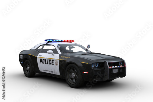 3D rendering of a black and white american police car isolated on transparent background. photo