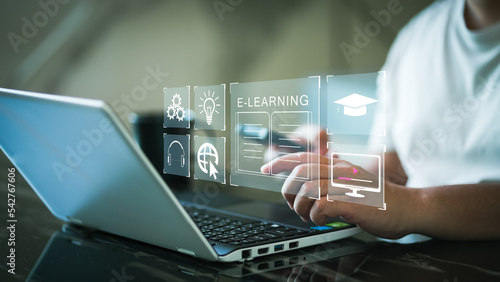 education online on internet, e-learning concept. Online education internet learning e-learning concept internet lessons and online webinar. Person who attends online lessons on a digital screen. photo