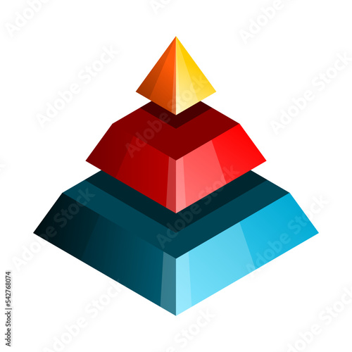 Colorful pyramid with 3 parts. Yellow, red, blue pieces. Blank Infographic design template with three levels. Isometric prism with 3 steps elements. Hierarchy concept. Vector illustration, 3D, clipart