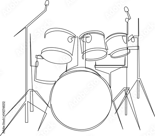 Continuous line drawing of drum band set. Percussion music instruments concept. Trendy one line art design graphic. Vector illustration.