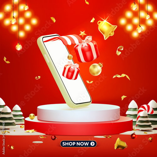 Christmas and happy new year with podium background. 3D Realistic Smart phone, gift box christmas and Happy New Year for online shopping.