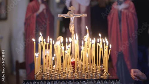 Burning Wax Candles In The Orthodox Church Or Temple. 