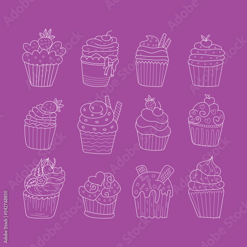 Set of cute vector cupcakes and yogurt icon in doodle style